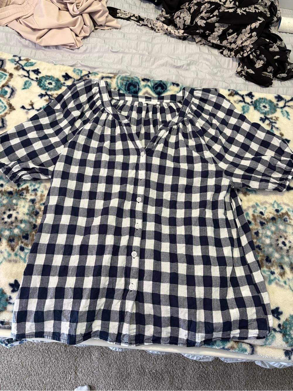 Women’s navy and white gingham blouse